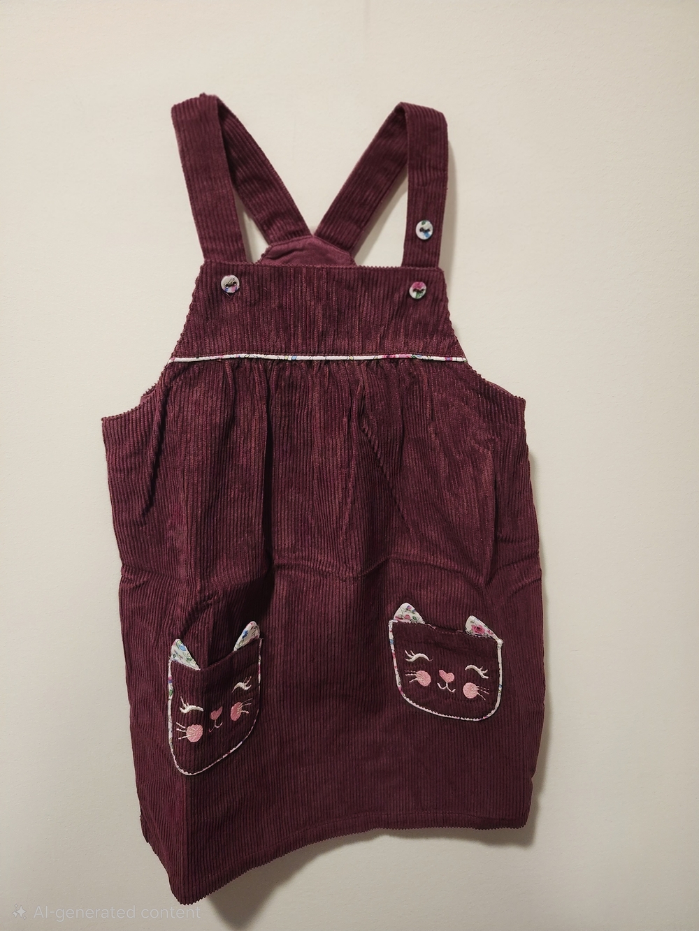 Kids' Corduroy Overall Dress with Cat Patch Pockets - Burgundy